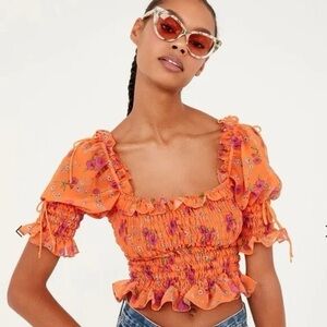 For Love And Lemons Vibrant Orange Floral Top